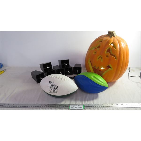 *Tote with lid, light up jack o lantern, plastic furniture legs, foam footballs