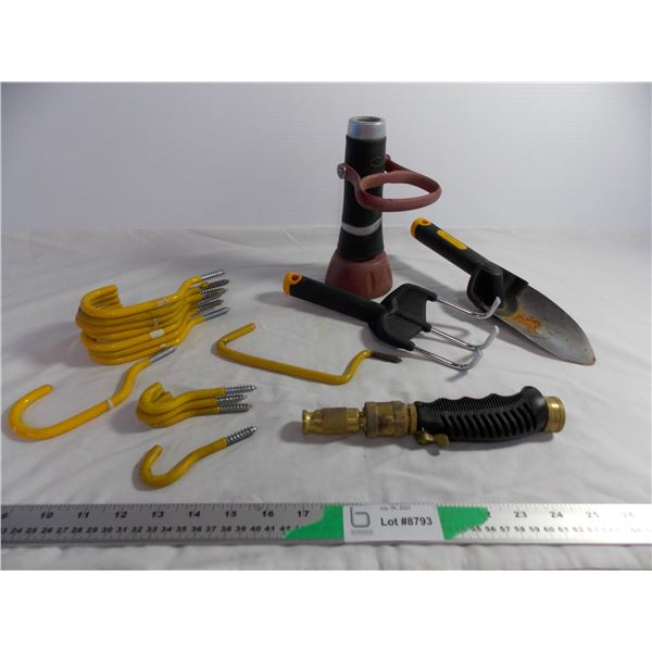 (13) Assorted Hooks, (2) Hoseheads, and Gardening tools