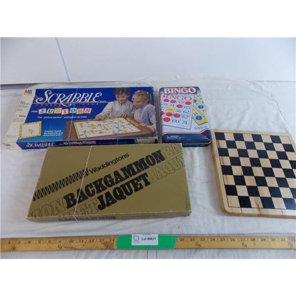 Scrabble MB game with wooden checkers board and bingo
