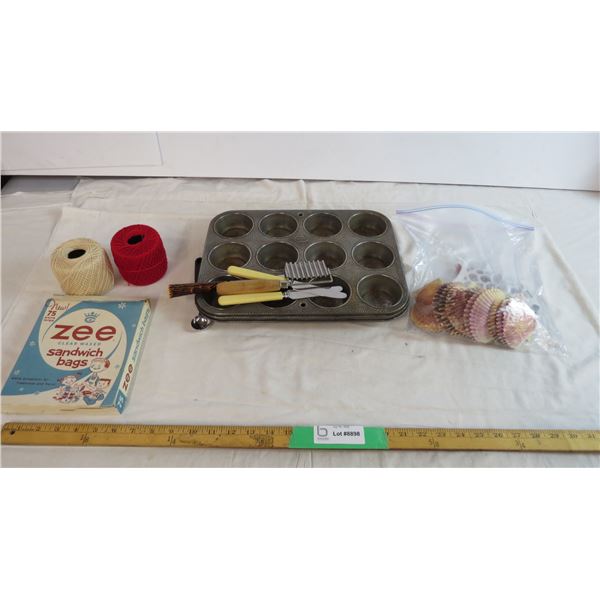 Ovenex Muffin tray and Zee clear waxed sandwich bags with other misc