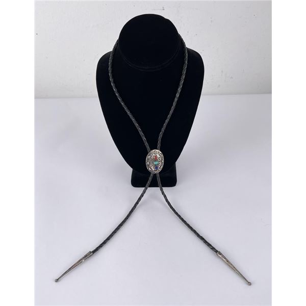 Navajo Sterling Silver Coral Lapis Bolo Tie