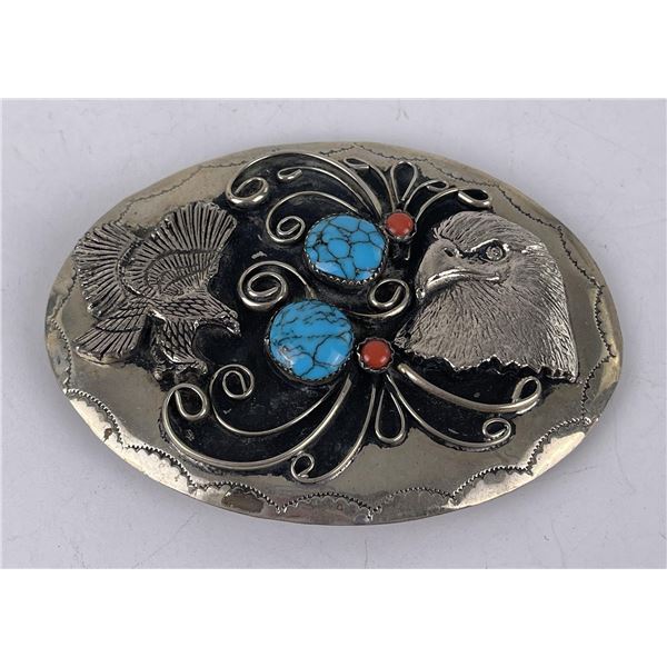 Navajo Turquoise and Coral Eagle Belt Buckle