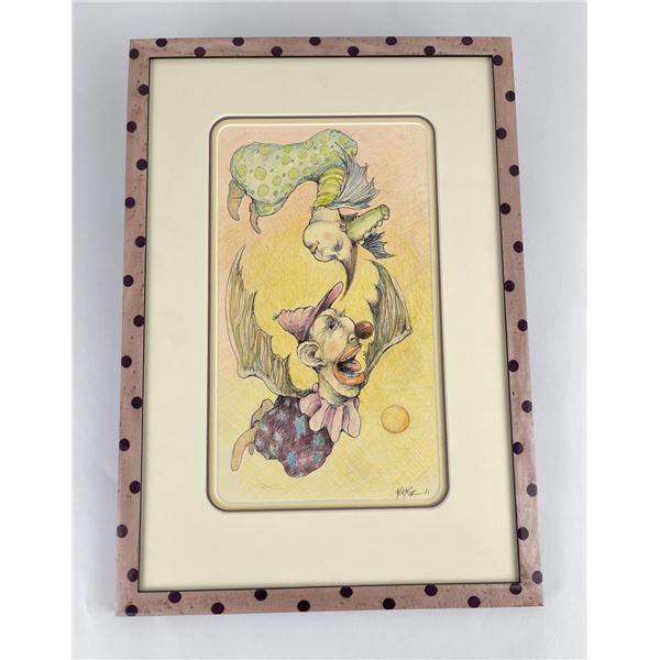 Surrealist Clown Watercolor Painting Signed