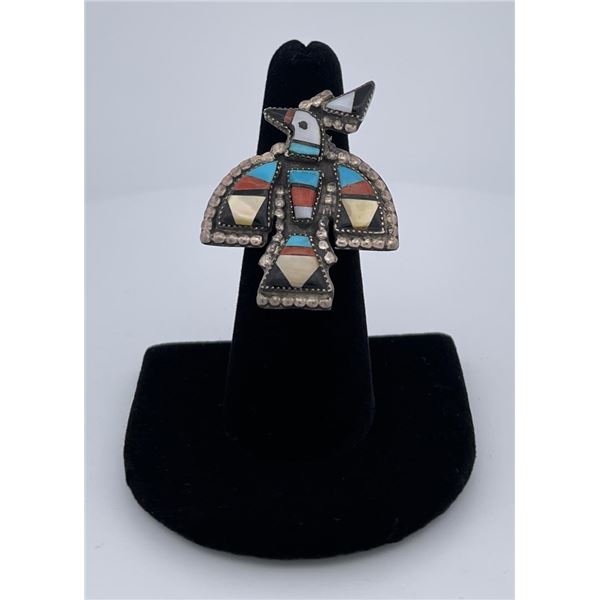 Zuni Inlaid Thunderbird Sterling Silver Ring