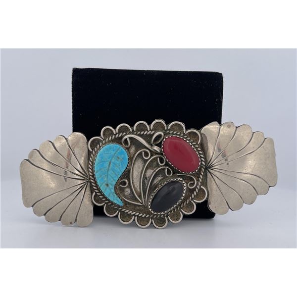 Navajo Sterling Silver Turquoise Coral Brooch