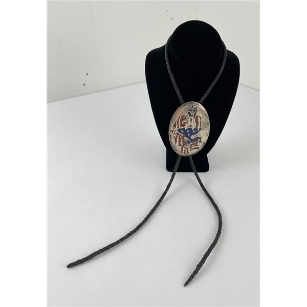 Zuni Inlaid Indian Chief Sterling Bolo Tie