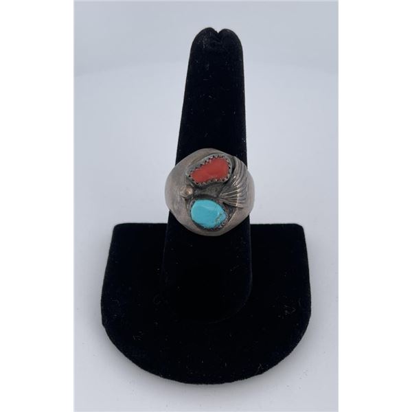 Navajo Sterling Silver Coral Turquoise Ring