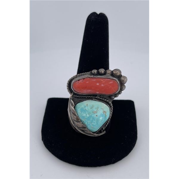 Navajo Sterling Silver Turquoise Coral Ring