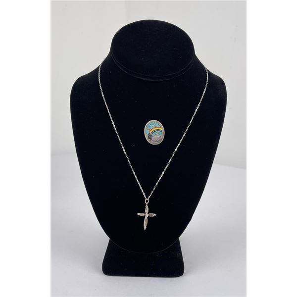 Sterling Silver Cross Necklace Rainbow Brooch