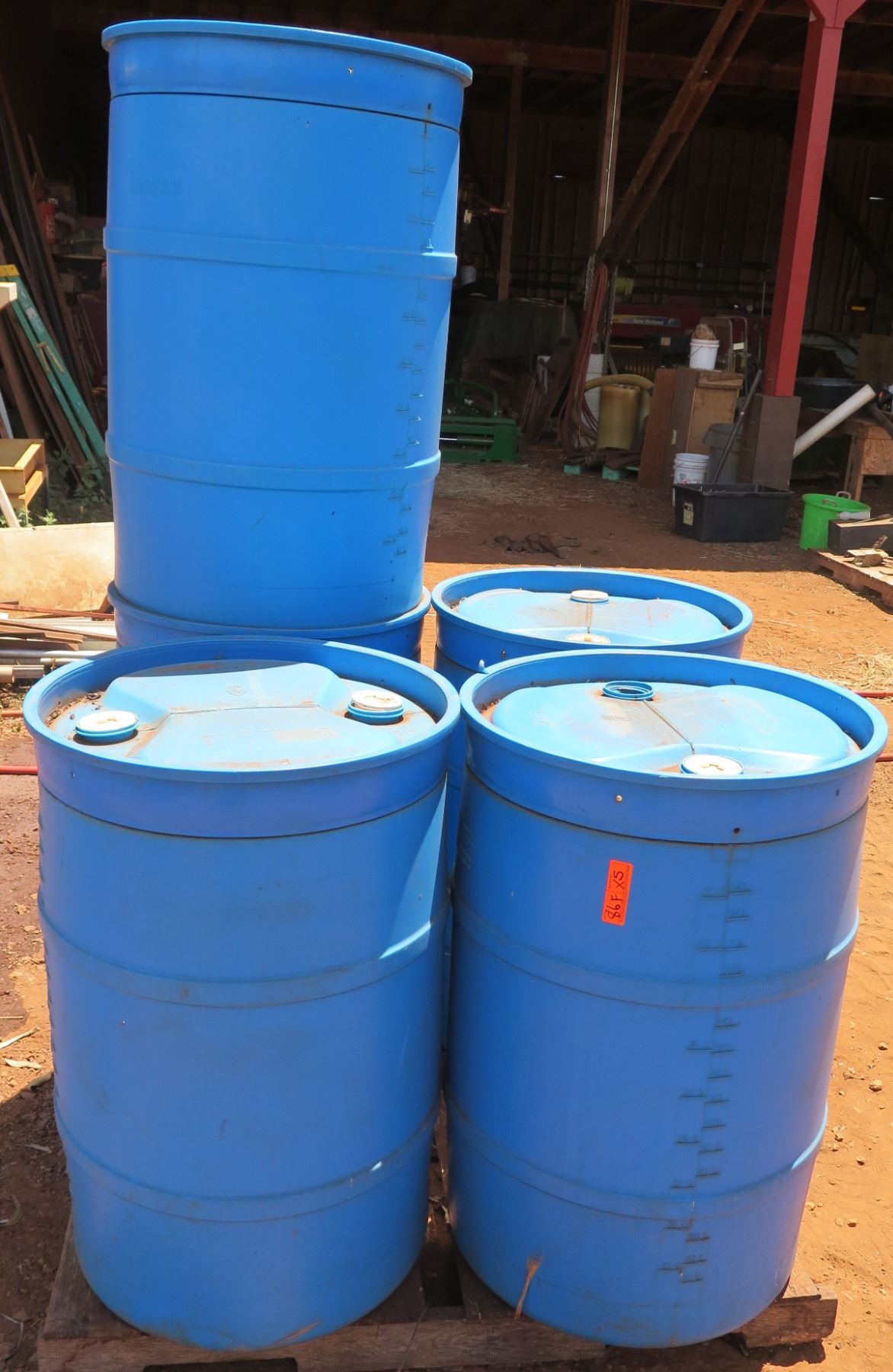 Qty 5 Contico Container Blue Plastic 55 Gallon Drums (Empty)