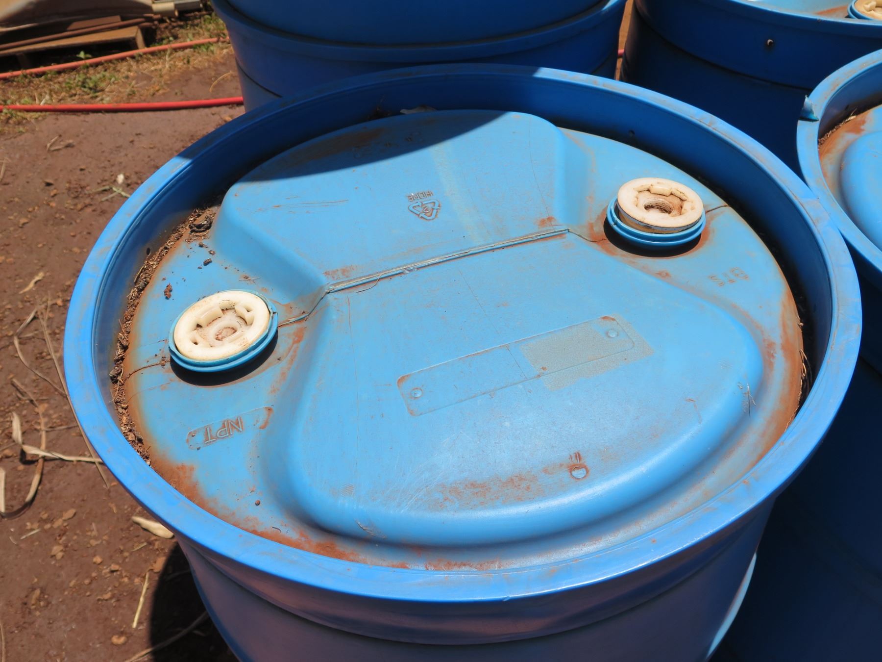 Qty 5 Contico Container Blue Plastic 55 Gallon Drums (Empty)
