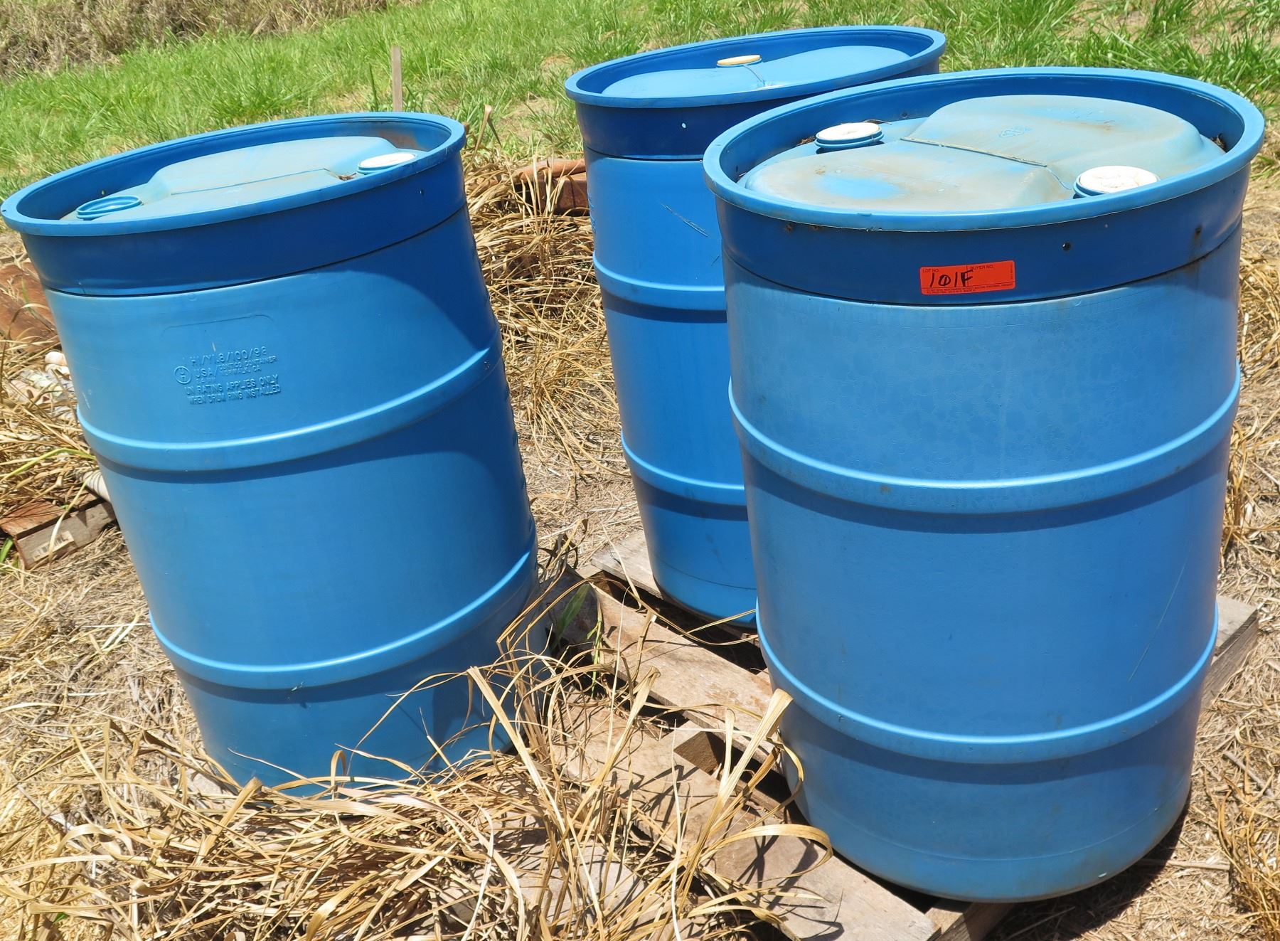 Qty 3 Contico Container Blue Plastic 55 Gallon Drums (Empty)