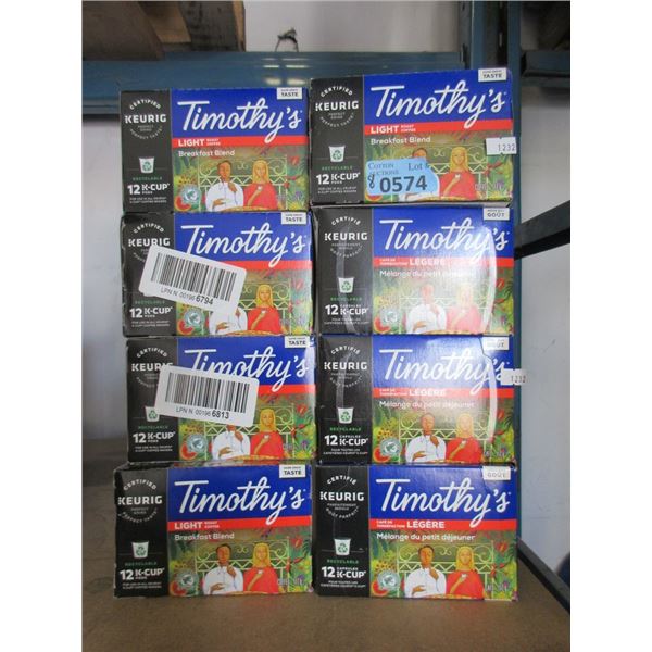 8 Boxes of 12 Timothy's Breakfast K-Cup Coffee