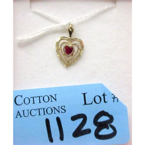 10 KT Gold Heart Pendant with Ruby Center