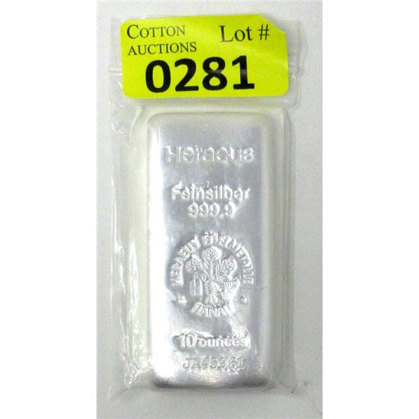 10 Oz. .9999 Silver Heraeus German Mint Bar