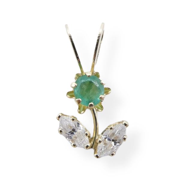 Yellow Gold Natural Emerald & Cubic Zirconia Floral Pendant