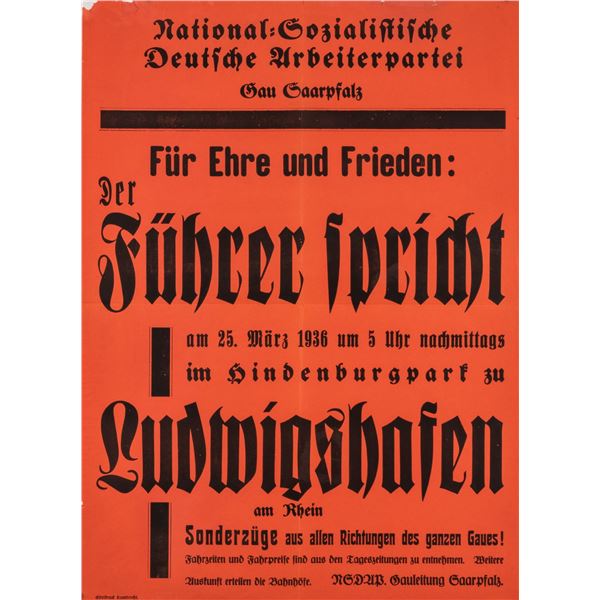 HITLER SPEAKS IN LUDWIGSHAFEN 1936 POSTER