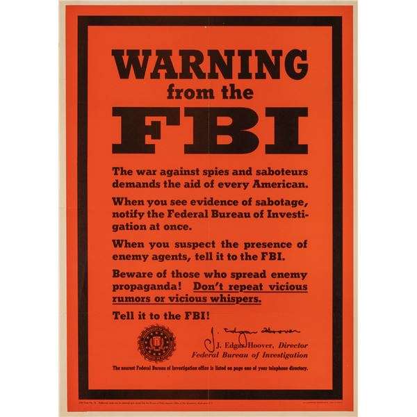 WARNING FROM THE FBI WWII ANTI-ESPIONAGE POSTER