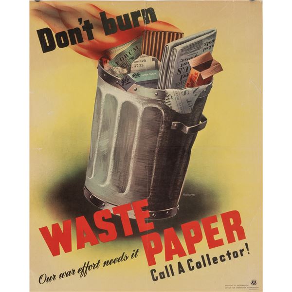 DON'T BURN WASTE PAPER WWII POSTER
