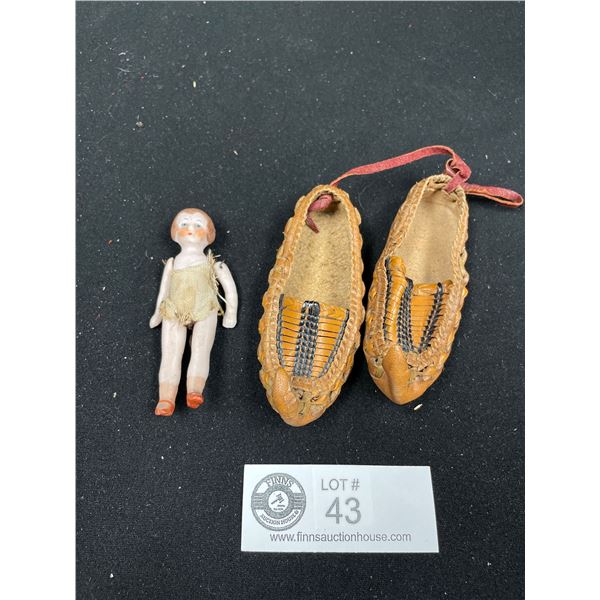 Antique Leather Handmade Rat TailedShoes for Doll plus One Antique Mini Doll