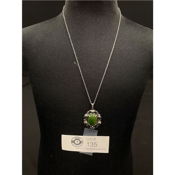 Nice Silver Plated w/ Green B.C. Jade Stone Pendant Necklace