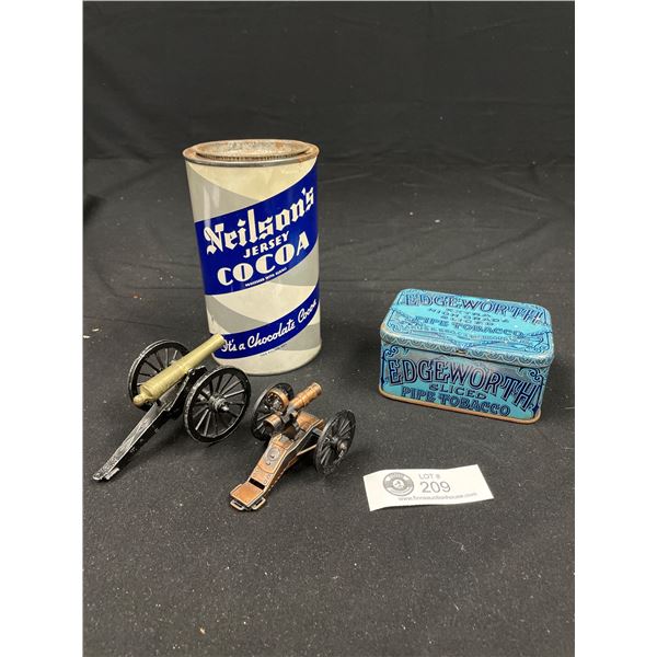 A Nice Vintage Lot of 2 Small Cannons and Edgeworth Tobacco Tin and a Nealsons Cocoa Tin