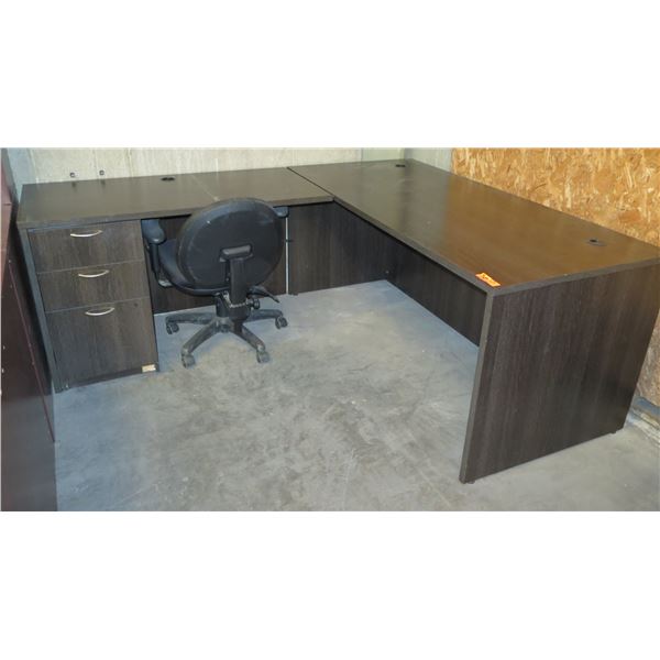 Wooden 'L' Shaped Desk w/ 3 Drawer Cabinet & Rolling Office Chair 78"x66"x29"H