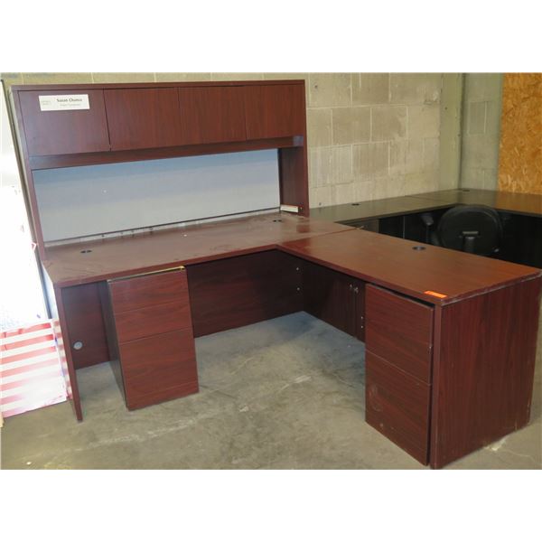 Wooden 'L' Shaped Desk w/ Two 3 Drawer Cabinet & Hutch Shelf 84"x72"x67"H