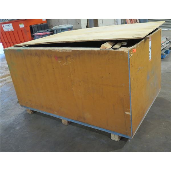 Wooden Hinged Box & Contents:  Heavy Duty Extension Cords, Broom, Tools, Tape, etc