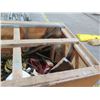Image 3 : Wooden Hinged Box & Contents:  Heavy Duty Extension Cords, Broom, Tools, Tape, etc