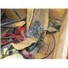 Image 8 : Wooden Hinged Box & Contents:  Heavy Duty Extension Cords, Broom, Tools, Tape, etc