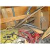 Image 9 : Wooden Hinged Box & Contents:  Heavy Duty Extension Cords, Broom, Tools, Tape, etc