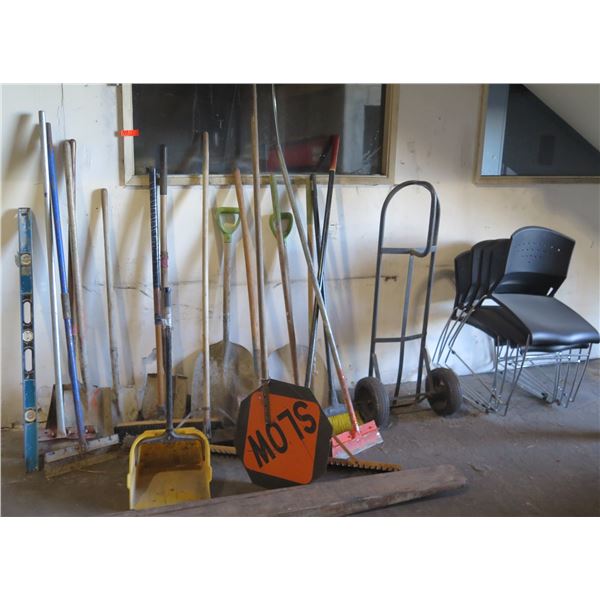 Multiple Brooms, Mops, Hand Truck, Stacking Chairs, Level, Sign, Rake, etc