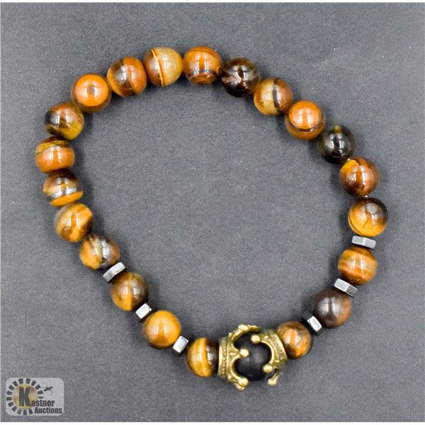 #28-NATURAL TIGER EYE FROSTED CROWN BRACELET 8"