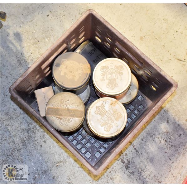 MILK CRATE OF TINS FILLED WITH NEW & VINTAGE