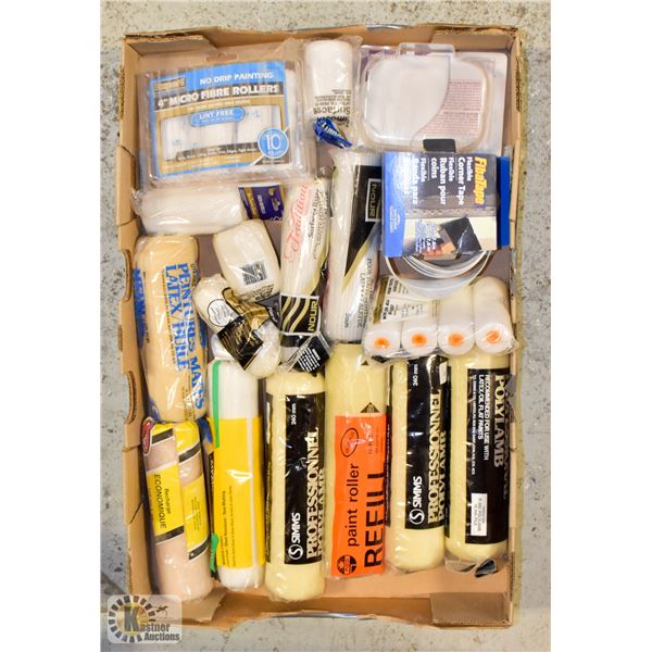 LARGE FLAT OF PAINTING SUPPLIES - ROLLERS, CORNER