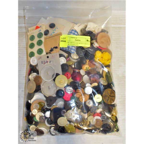 LARGE JAR FILLED WITH VARIOUS OLD BUTTONS ETC.