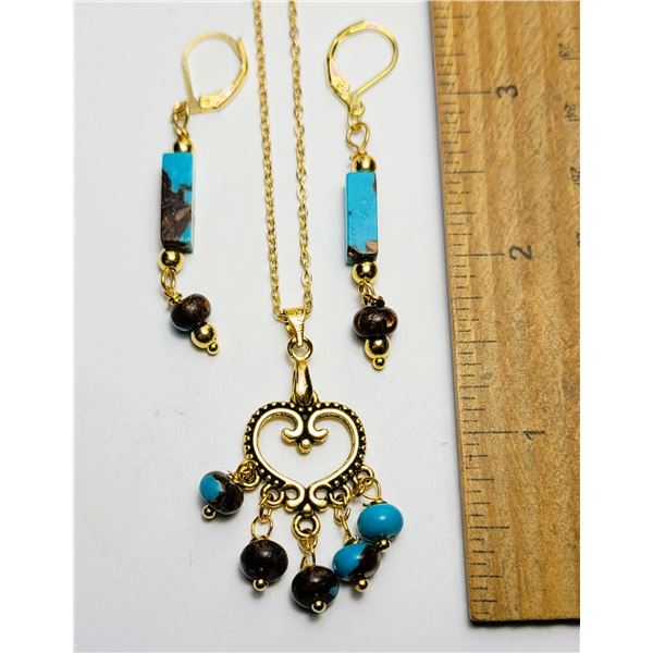 23)  SET OF GOLD TONE WITH COPPER & TURQUOISE