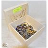 Image 1 : LARGE WOOD BOX WITH VARIOUS OLD JEWELRY ETC.