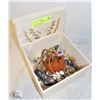 Image 1 : LARGE WOOD BOX WITH VARIOUS OLD JEWELRY ETC.