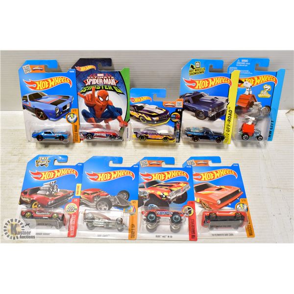 9 HOTWHEELS INCLUDES ONE TREASURE HUNT