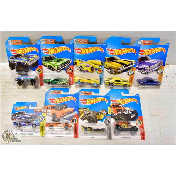 9 HOTWHEELS INCLUDES ONE TREASURE HUNT