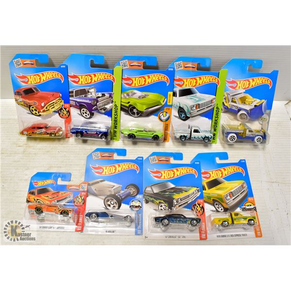 9 HOTWHEELS INCLUDES ONE TREASURE HUNT