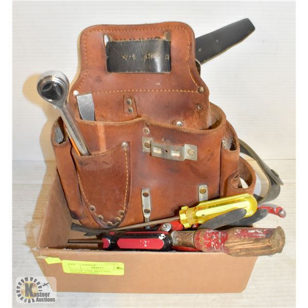 FLAT OF  TOOL BELT AND ASSORTED TOOLS