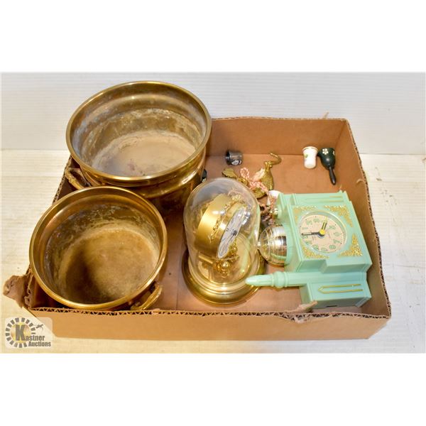 FLAT OF COLLECTIBLES INCLUDES CLOCK, BRASS POTS,