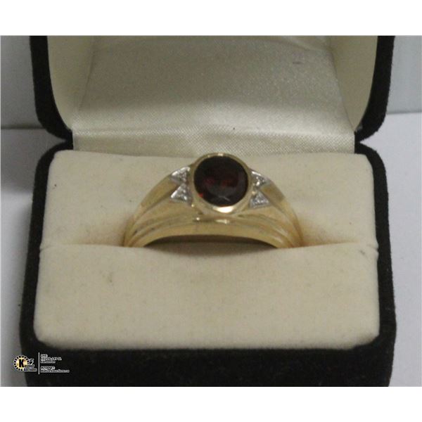 10KT GOLD MENS RUBY & DIAMOND RING - SIZE 13