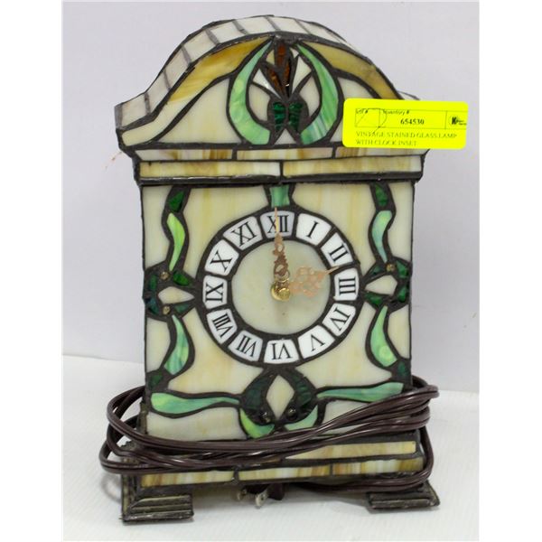 VINTAGE STAINED GLASS LAMP WITH CLOCK INSET