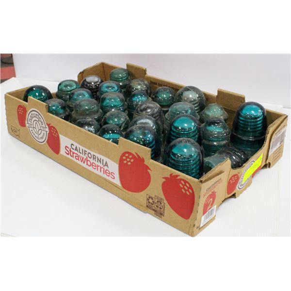 BOX OF 26 COLOURED GLASS INSULATORS - HEMINGRAY,