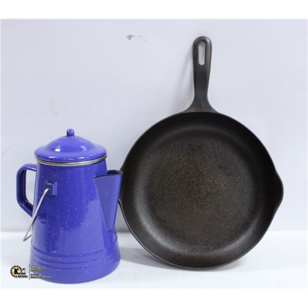 CAST IRON FRY PAN AND ENAMEL POT.