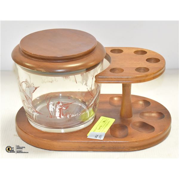 VINTAGE WOOD PIPE STAND WITH TOBACCO JAR